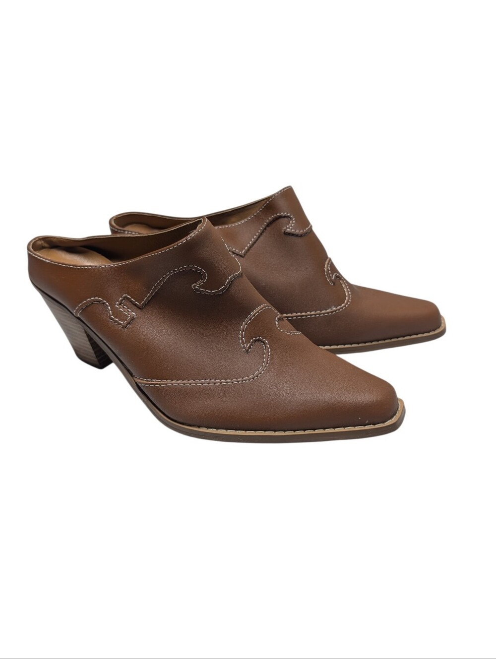 Women's Brown Leather Western Pointed Toe Slip On Mule Bootie Size 9